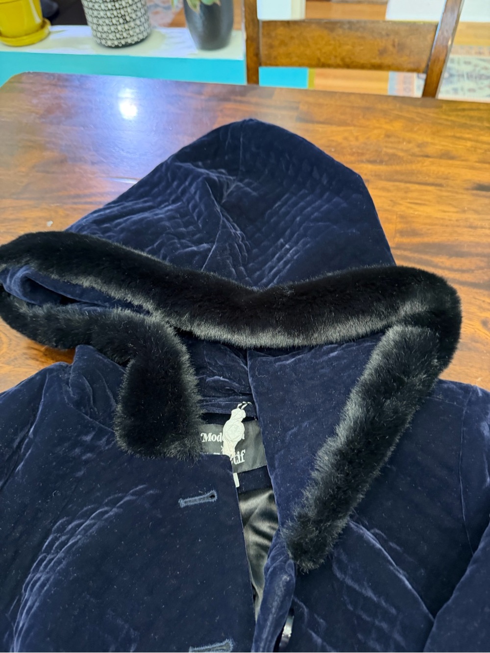 ModCloth x Collectif Charming Ways Navy Quilted Velvet Coat UK 20 Faux Fur & Bow - Picture 9 of 10